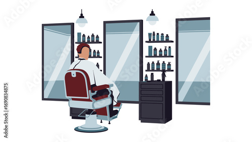 A man sits in a vintage barber chair covered with a cape in a modern salon with mirrors and shelves of hair products