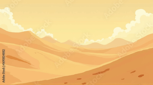 A stylized illustration of a vast desert landscape under a warm, sunny sky, with rolling sand dunes.