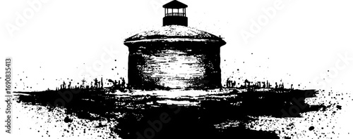 Grunge black and white ink silhouette of lighthouse with urban texture for design