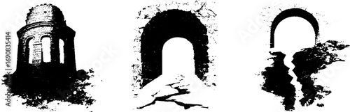Grunge black and white architecture arches and towers design for urban art