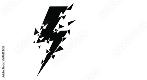 Abstract black lightning bolt shattering into geometric fragments on a white background