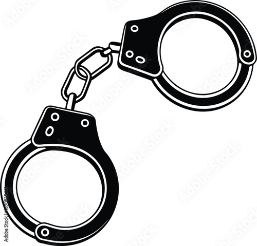 Black metal handcuffs connected by a chain on a white background