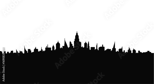 Striking black silhouette of a vast city skyline against a bright white background, representing urban development and architectural diversity.