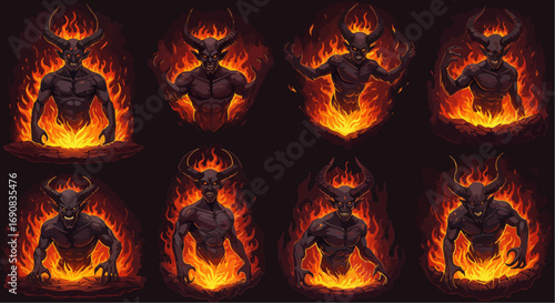 Flaming Demon Faces with Fire and Darkness Illustration Set