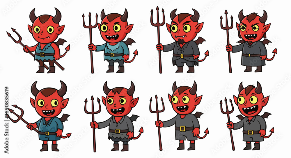 Naklejka premium Red Devil Cartoon Characters with Pitchforks Vector Set