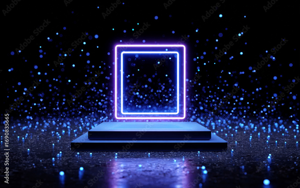 Obraz premium Futuristic glowing square frame with floating particles on stage