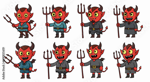 Red Devil Cartoon Characters with Pitchforks Vector Set