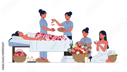 Relaxing spa treatment with hot stones and floral elements for a woman receiving therapeutic massage and aromatherapy in a serene wellness setting