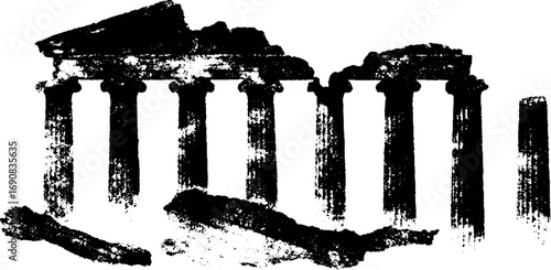Grunge black and white ionic column ruins for design and print projects