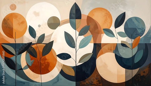 Abstract art with circles, leaves and muted colors