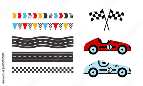 Set of racing car theme template design element. Retro race cars, checkered finish flags, holiday garland and road. Vector template for greeting card, invitation, poster, social media.
