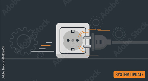 System update illustration showing plug connected to a socket with gears and lines