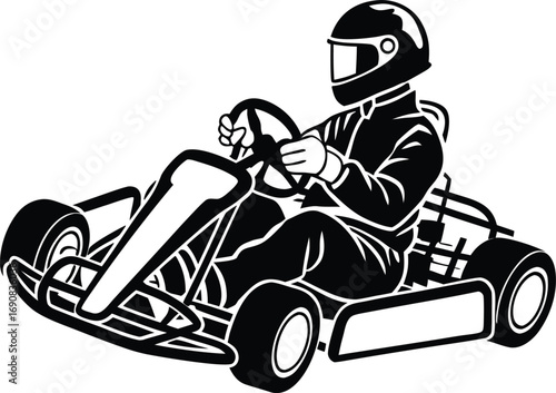 Black and white illustration of a person driving a go kart