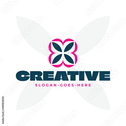 Modern business logo design with bold typography and abstract floral emblem