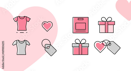 Valentine's Day Shopping Icons Set with T-shirts, Gifts, Hearts, and Tags for Retail