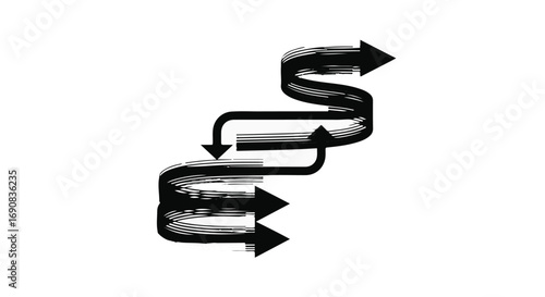 Abstract representation of a winding path or process with multiple arrows indicating direction and flow.