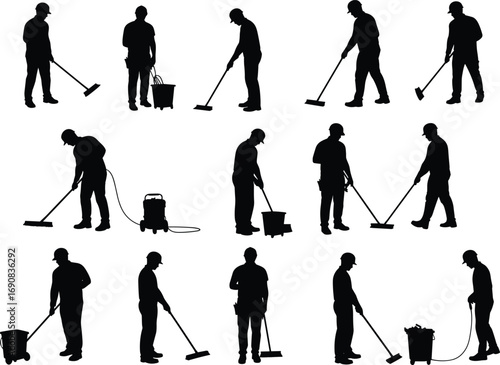 Worker janitor silhouette cleaning with mop bucket vacuum floor machine custodian maintenance staff hygiene service labor industry black vector illustration