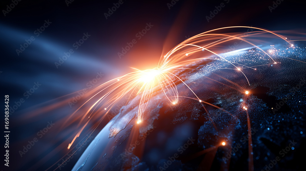 Obraz premium A panoramic digital interface filled with glowing AI models neural connections stretching across a global map data streams flowing between continents atmosphere of digital trans