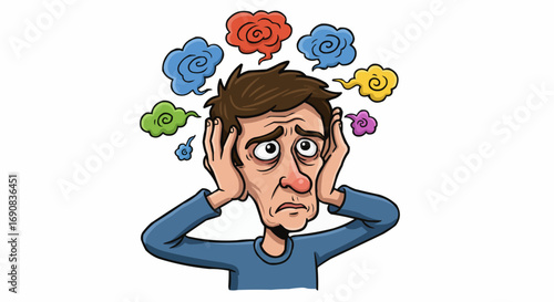Confused Man Surrounded by Question Marks and Doodles Cartoon