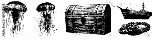 Grunge black and white nautical collection with jellyfish and pirate chest design