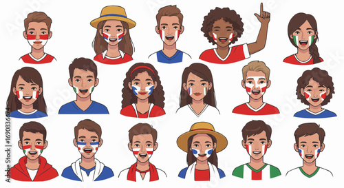 Diverse Soccer Fans Group with Team Colors and Flags Vector
