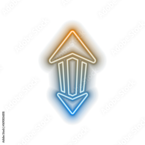 Glowing up blue neon arrow pointer on black background. Colorful and shiny retro light icon.