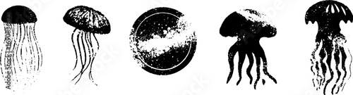 Grunge black and white jellyfish illustration set for urban and vintage design