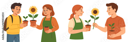 Set of two scenes with young men and women swapping plants like sunflowers and seedlings at a local market or fair