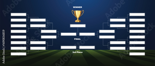 Modern Football layout tournament championship contest stage bracket board with gold champion trophy prize icon in blue background
