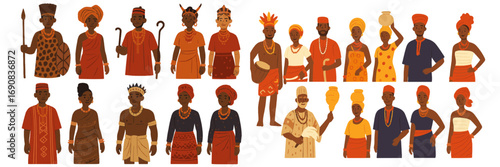 A diverse collection of African men and women wearing colorful traditional clothing and accessories representing various cultures and tribes
