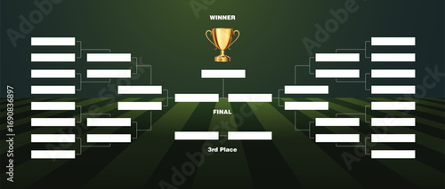 Football layout tournament championship contest stage bracket board with gold champion trophy prize icon in green background