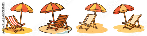 Isolated set of cartoon beach chairs and sun umbrellas on sand, a collection of summer vacation elements for travel and relaxation