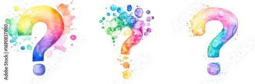 Colorful watercolor question marks on a black background.