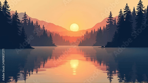 Sunrise over a serene lake nestled amidst a tranquil forest and mountains.