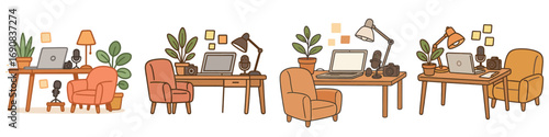 Cozy Home Office Workspace Set with Desk, Armchair, Laptop, and Microphone for Podcasting or Streaming Content