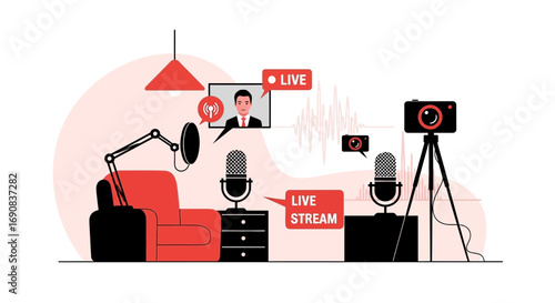 Vibrant Illustration of a Live Streaming or Podcast Studio Setup with Modern Equipment