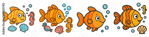 Cute cartoon fish and seahorse characters set with shells and bubbles, a collection of adorable sea animals for children's design