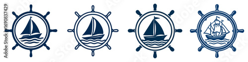 Set of four nautical logos with ship's wheel and sailboat icons for maritime travel, sailing club emblems, and marine adventure themes