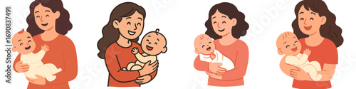Set of character designs showing a loving mother holding her happy newborn baby in her arms with a gentle smile