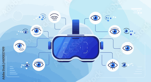 Virtual reality headset surrounded by floating eye icons for visual experience design