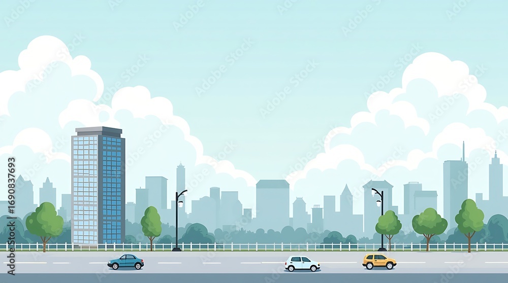 Fototapeta premium A cloudy city scene is depicted in a cartoon illustration