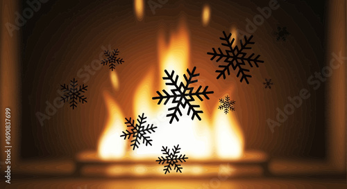 Warm fireplace with abstract snowflakes falling a cozy winter background scene, creating a festive