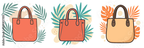 Set of three stylish women's handbags with tropical palm leaves for summer fashion and vacation concepts