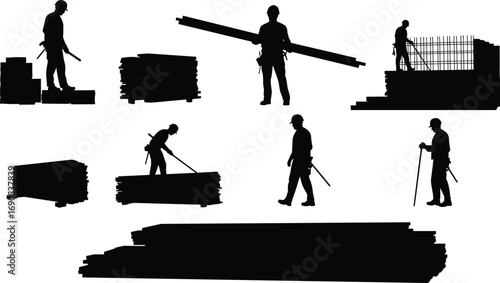Construction workers silhouette carrying steel beams rebar material stacking building site labor civil engineer contractor heavy equipment industry black vector illustration