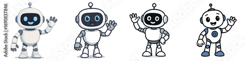 Collection of friendly cartoon robot mascots waving hello, a set of futuristic android characters for technology and science concepts
