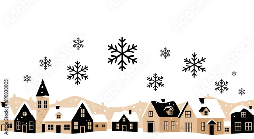 Winter Village Landscape with Snowflakes, a Festive and Charming Holiday Scene Illustration
