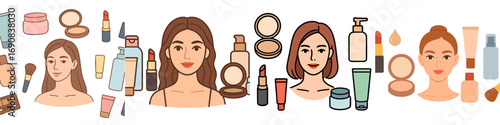 Collection of female portraits with various makeup and skincare products like lipstick, foundation, and powder for beauty and cosmetic concepts