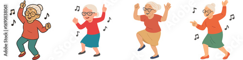 Set of happy elderly woman dancing cartoon character poses isolated on white background with musical notes
