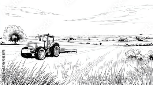 Black and White Illustration of a Tractor in a Farm Landscape