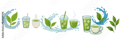 Assortment of hot and iced matcha green tea beverages with fresh leaves and dynamic liquid splashes isolated on a white background